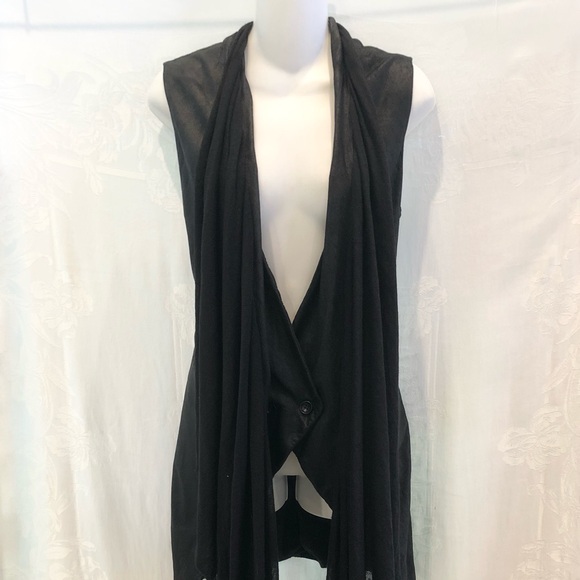 MASNADA Black Long Nubuck Leather & Linen Knit Waterfall Vest 6 $900 - Picture 1 of 7